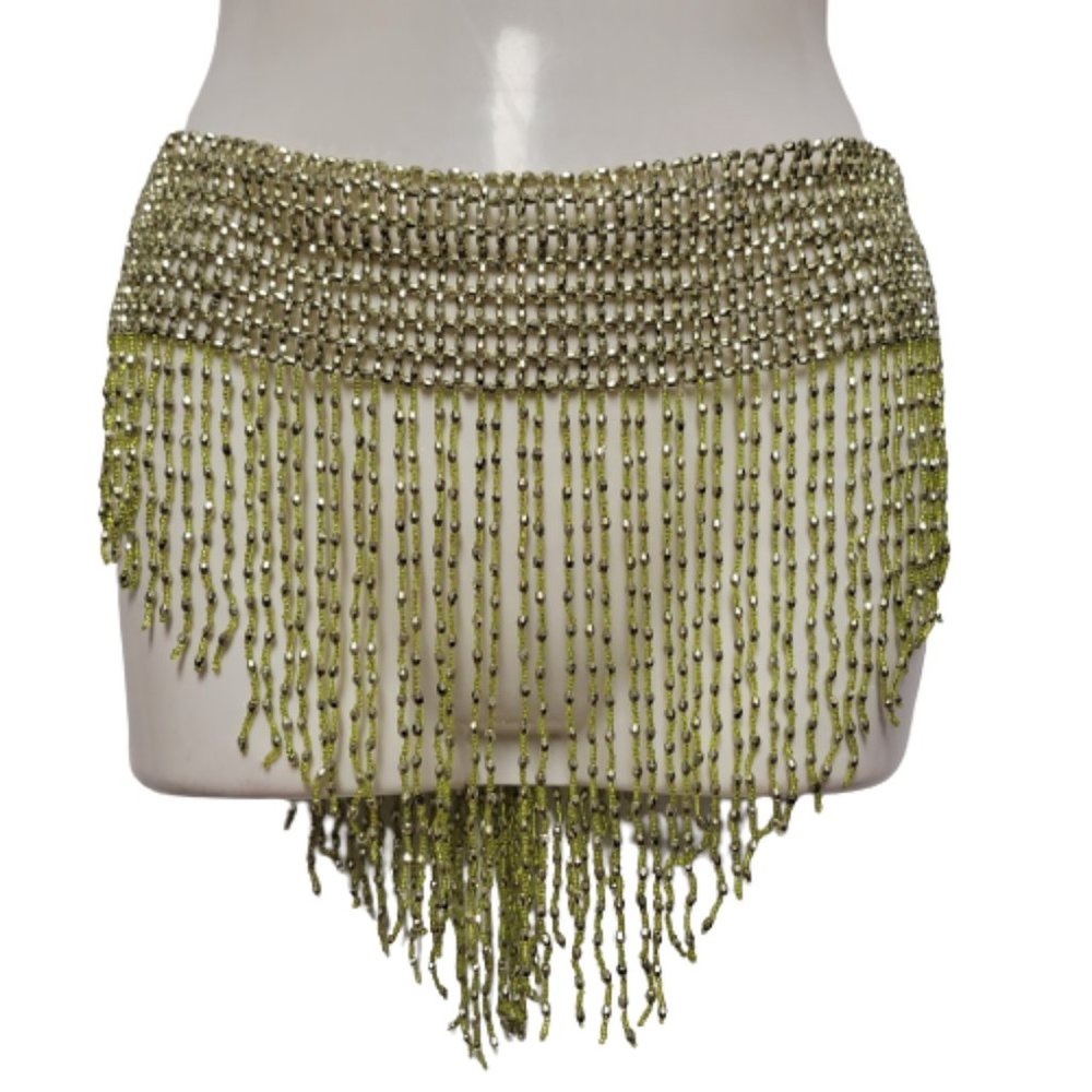 Hip Belt, Lime Green tone belly Dance Elastic Belt. Elastic, Beaded - NEW